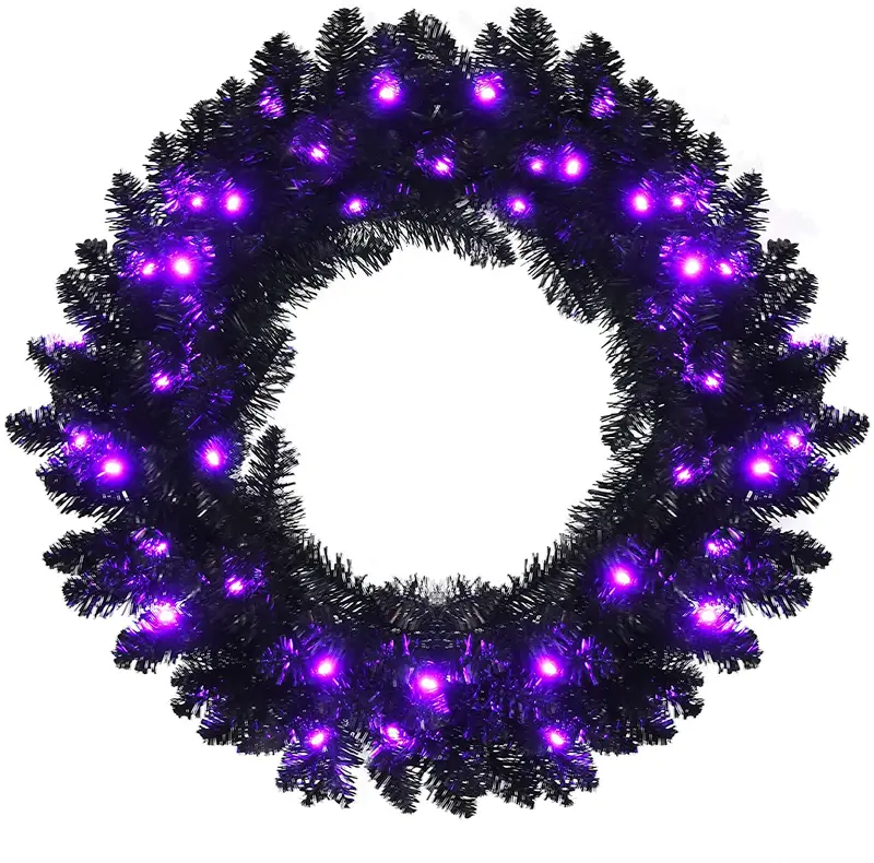 24-Inch Pre-Lit Black Halloween Wreath – All-Season Artificial Decor 1