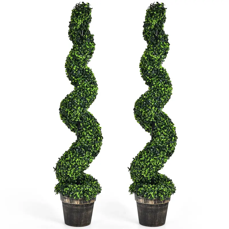 4-Foot Spiral Boxwood Topiary Tree Set – 2-Pack Faux Vertical Greenery In Sturdy Cement-Filled Pots 1