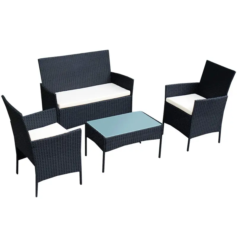 4-Piece Outdoor Rattan Sofa Set – Cushioned Patio Wicker Furniture (Black) 1