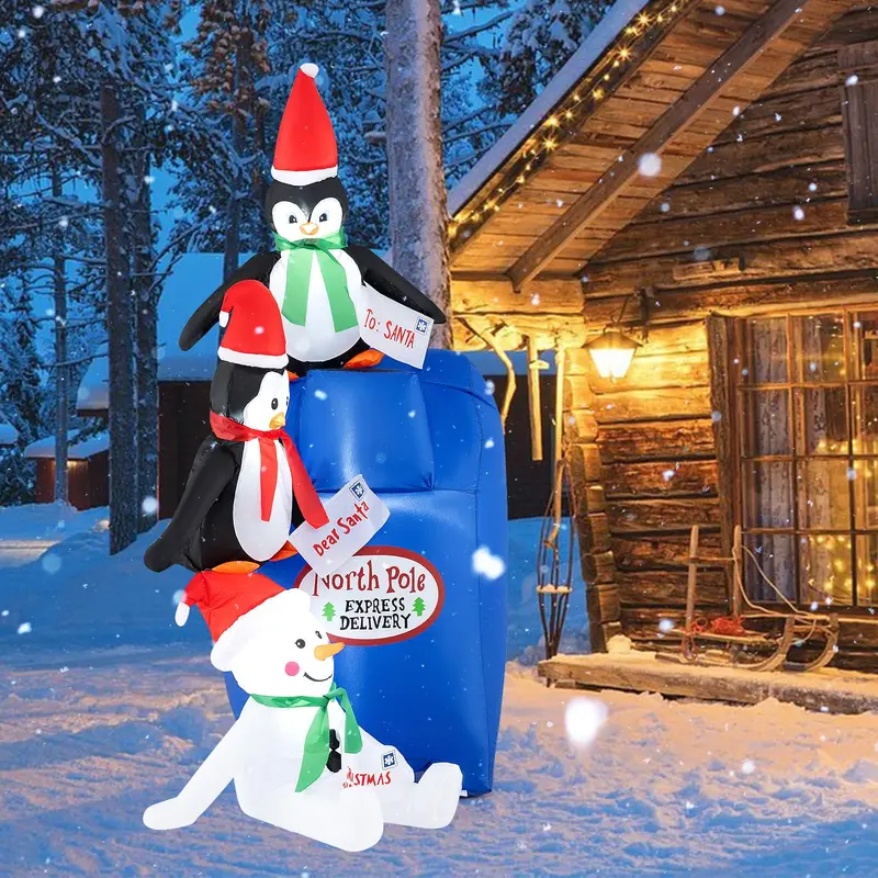 6-Foot Inflatable Christmas Display – Pre-Lit Blow-Up Santa Mailbox With Penguin & Snowman Accents 1