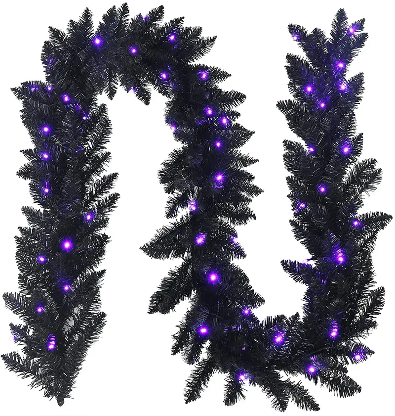 9-Foot Black Halloween Garland With Integrated Led Lights – Spooky Decorative String Lighting For Festive Displays 1