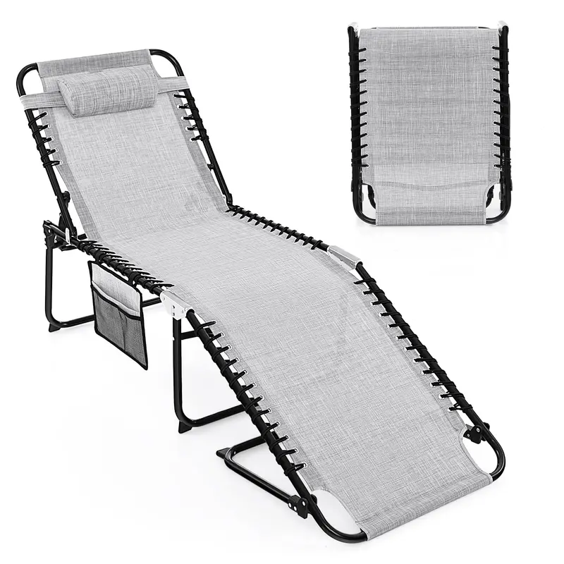 Adjustable Patio Chaise Lounge – Folding Recliner With Four-Position Backrest, Side Pocket, And Removable Headrest 1