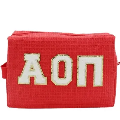 Alpha Omicron Pi Chenille Letter Waffle Makeup Bag 1