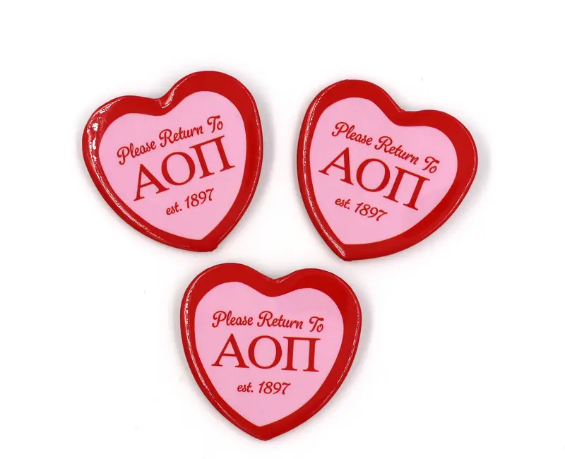 Alpha Omicron Pi Heart-Shaped Button – Sorority-Themed Print 1