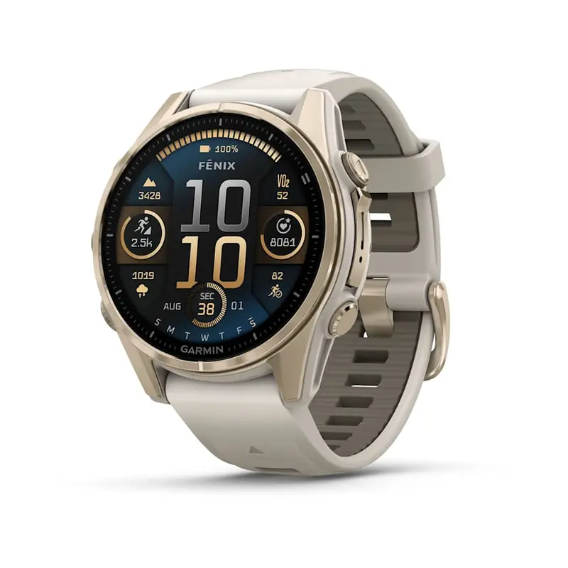 Garmin Fenix 8 – 43Mm Amoled, Sapphire-Soft Gold Case, Fog-Toned Silicone Band 1