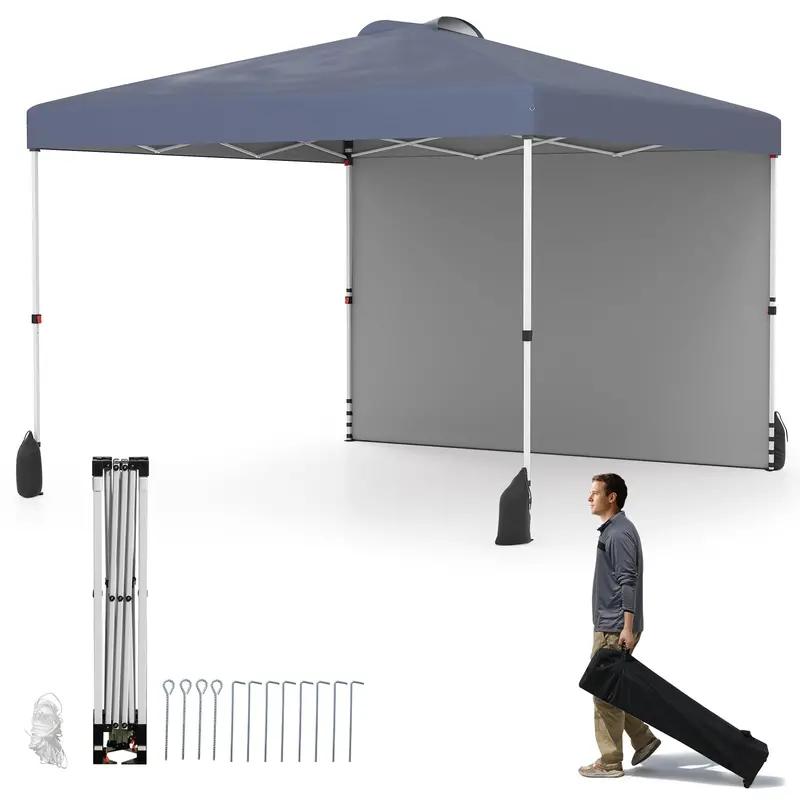 Goplus 10X10 Pop-Up Canopy With Single Sidewall And Rolling Carry Bag 1
