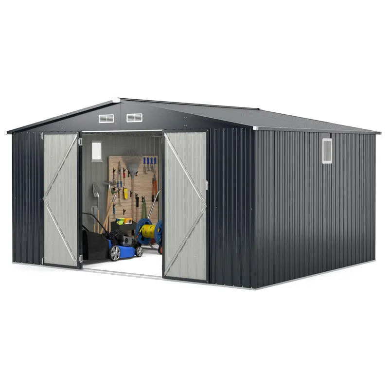 Goplus 12' X 9.8' All-Weather Outdoor Storage Shed — Lockable Galvanized Utility Shed With Pitched Roof 1