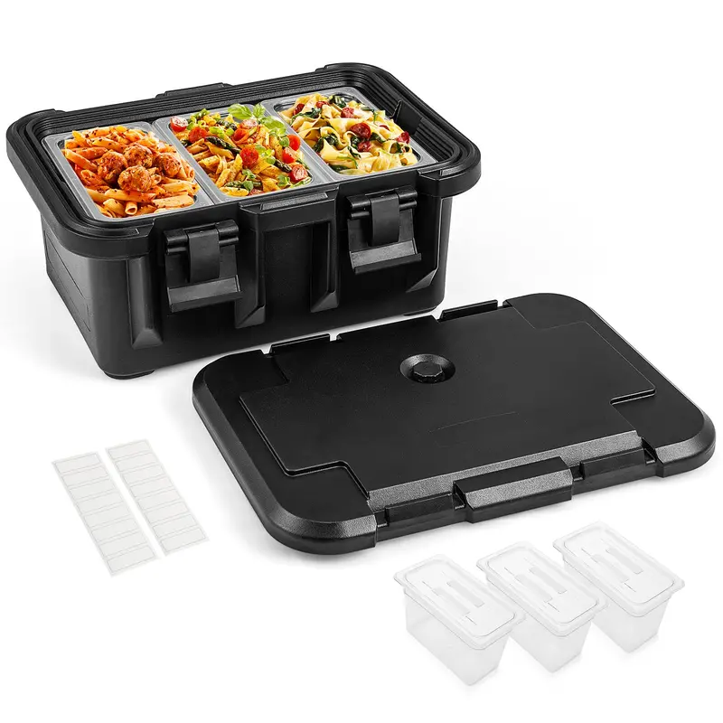 Goplus 31-Quart Insulated Food Pan Carrier – Stackable Hot Box With Three Clear 1/3-Size Lidded Pans 1