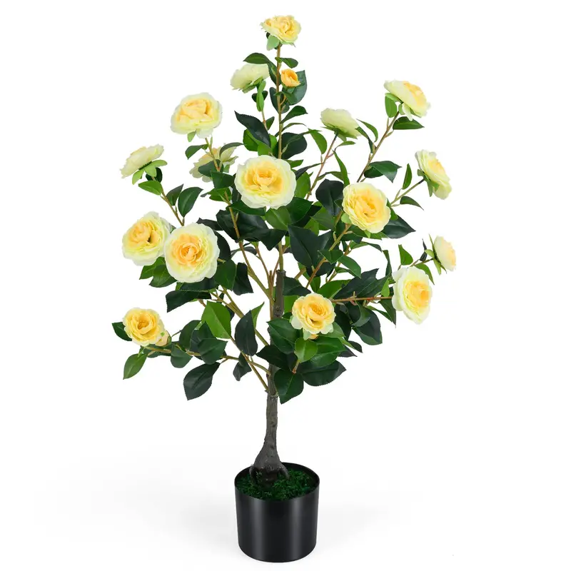 Goplus 35.5-Inch Faux Camellia Tree – Blooming Artificial Plant In Heavy Cement Planter 1