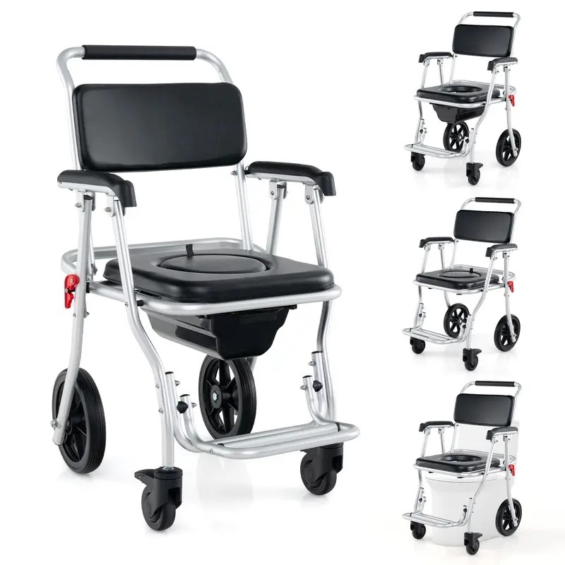 Goplus 4-In-1 Shower Commode Wheelchair – Foldable Bedside Toilet Chair With 330-Pound Capacity And Armrests 1