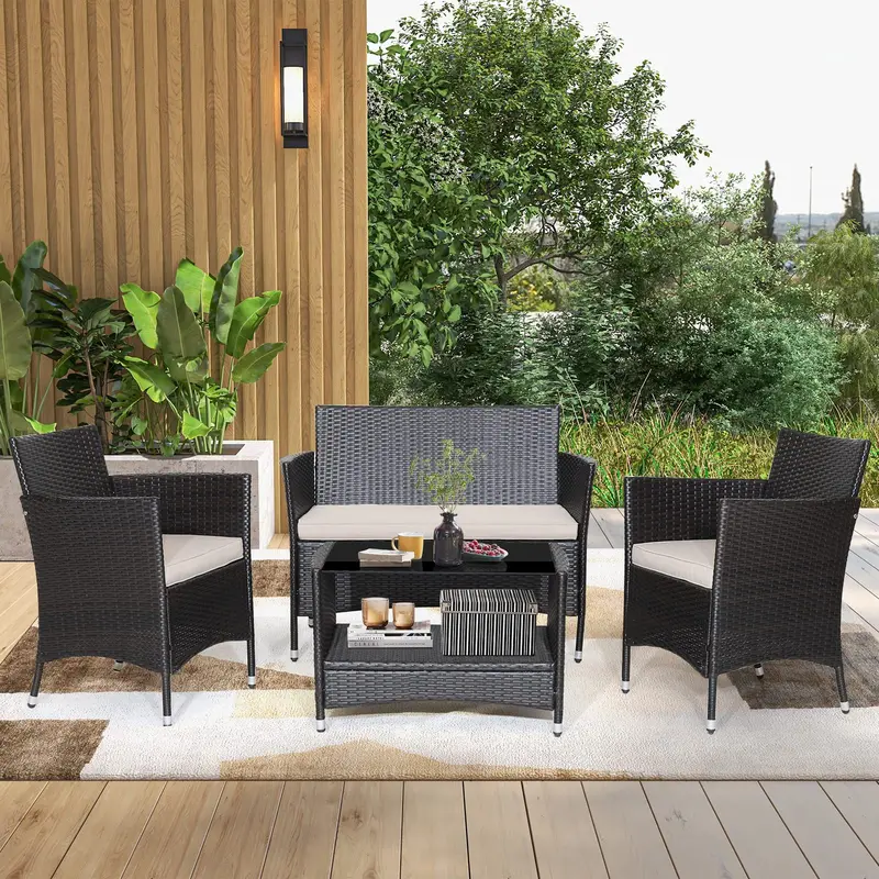 Goplus 4-Piece Wicker Patio Set With Armrest Cushions, Coffee Table, And Shelf 1