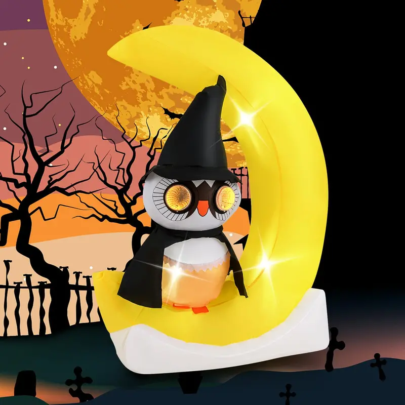 Goplus 5.1-Foot Inflatable Halloween Owl – Moon-Themed Decor With Witch Hat & Built-In Led Lights 1