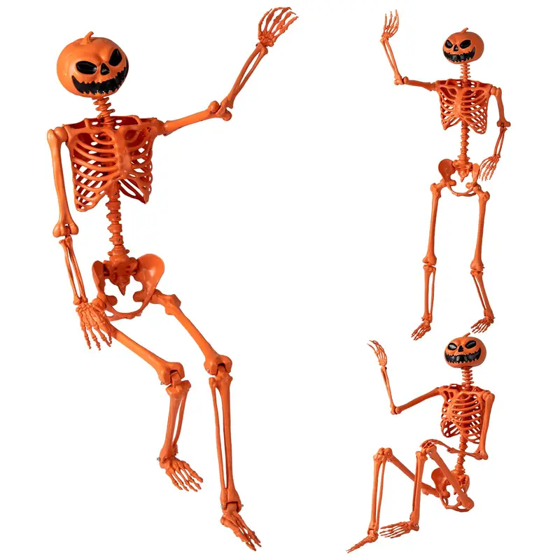 Goplus 5.2-Foot Poseable Halloween Skeleton – Life-Size Orange Pumpkin-Head Decoration 1
