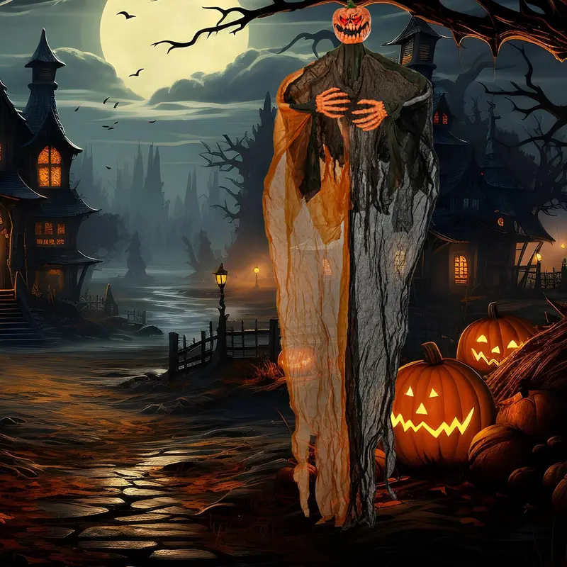 Goplus 6-Foot Hanging Ghost-Pumpkin Man – Spooky Halloween Ornament With Red Led Eyes & Adjustable Limbs 1