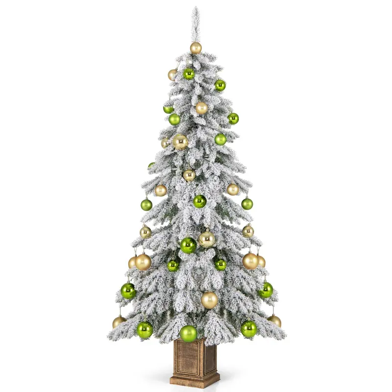 Goplus 6-Foot Snow-Flocked Hinged Christmas Tree With Ornaments – Indoor Potted Xmas Decor 1