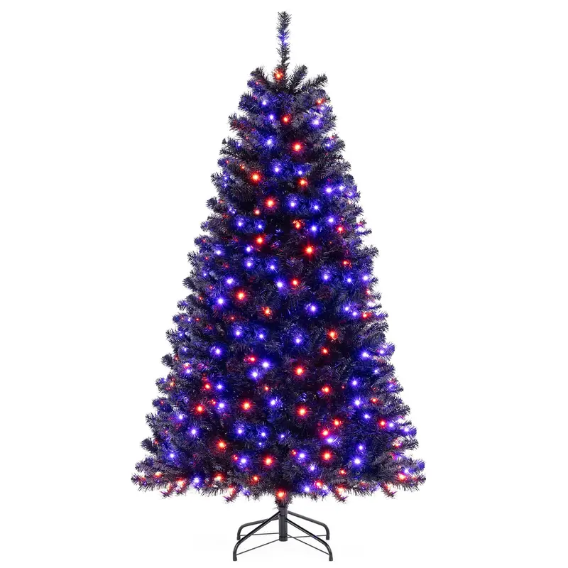 Goplus 6Ft / 7Ft / 8Ft Pre-Lit Black Halloween Tree – Hinged Decorative Xmas Tree With 280–500 Purple & Orange Led Lights 1