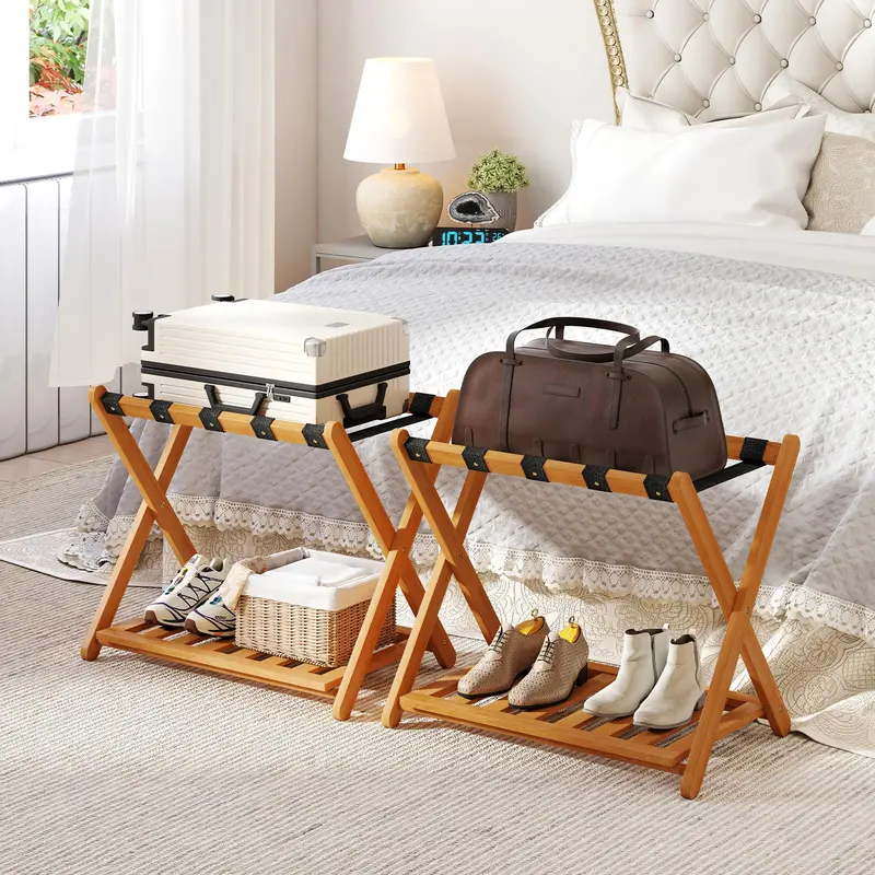 Goplus Acacia Wood Folding Luggage Rack – Set Of 2 Or 4 Sturdy Suitcase Stands 1