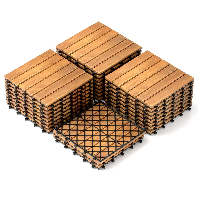 Goplus Acacia Wood Patio Deck Tiles – 12" X 12" Stripe Pattern, 27-Piece Set 1