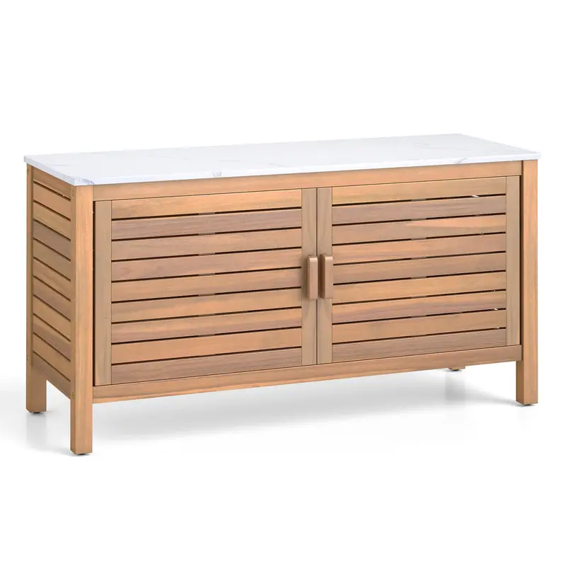 Goplus Acacia Wood Patio Storage Cabinet – Two-Door Outdoor Unit With Faux Marble Countertop 1