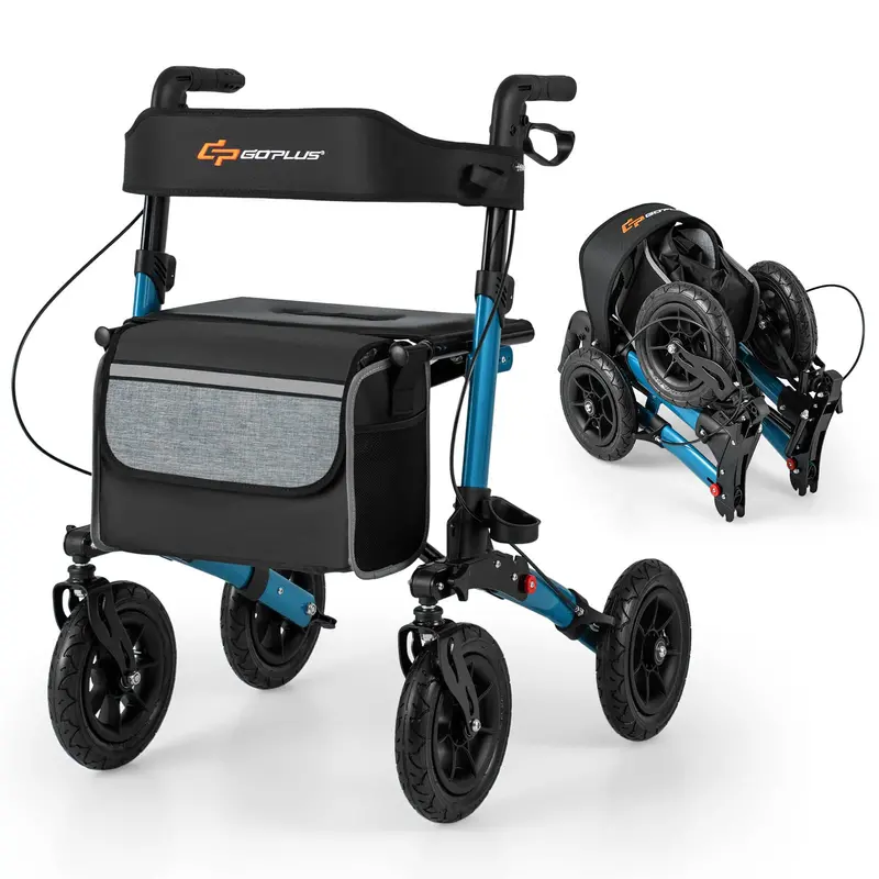 Goplus All-Terrain Rolling Rollator – 2-In-1 Foldable Walker With 9" Pneumatic Tires & Built-In Seat 1
