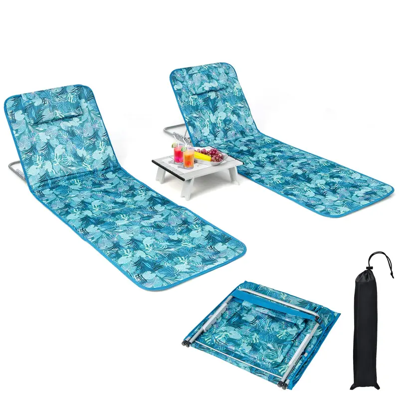 Goplus Beach Chair With Integrated Side Table – Portable Reclining Chair Featuring Accessory Tray 1