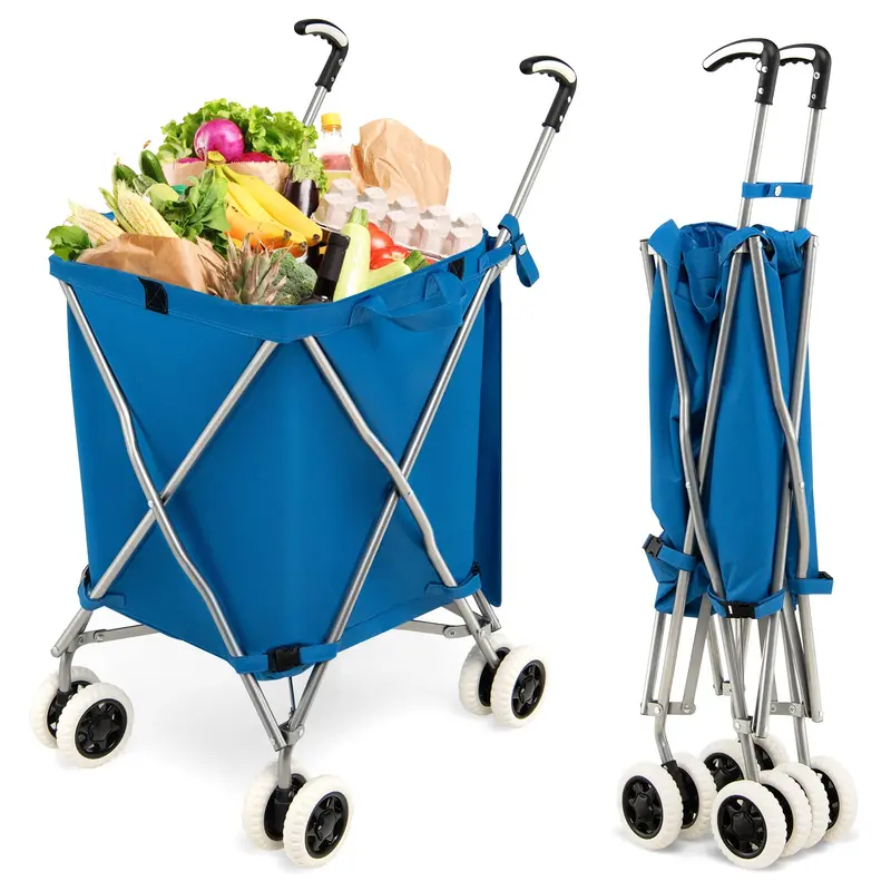 Goplus Foldable Grocery Cart With Wheels – Lightweight Shopping Trolley Featuring Removable Oxford Fabric Liner 1