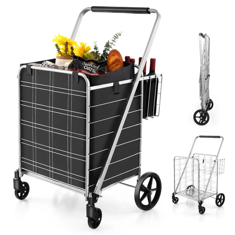 Goplus Jumbo Waterproof Folding Shopping Cart – Upgraded Grocery Trolley With Reinforced Liner 1
