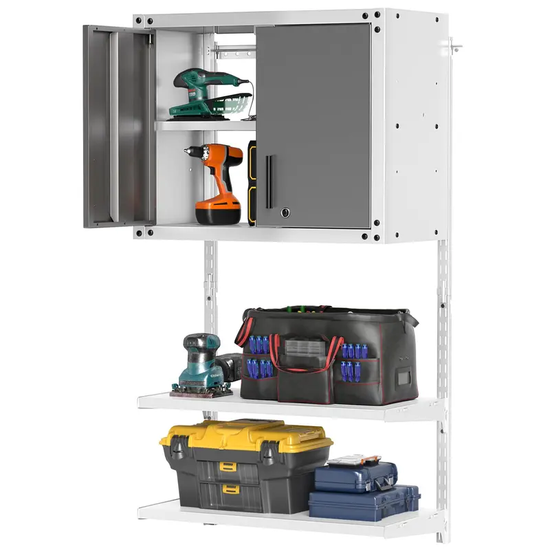 Goplus Metal Wall-Mounted Garage Cabinet – Tool Storage Chest With Three Adjustable Shelves 1