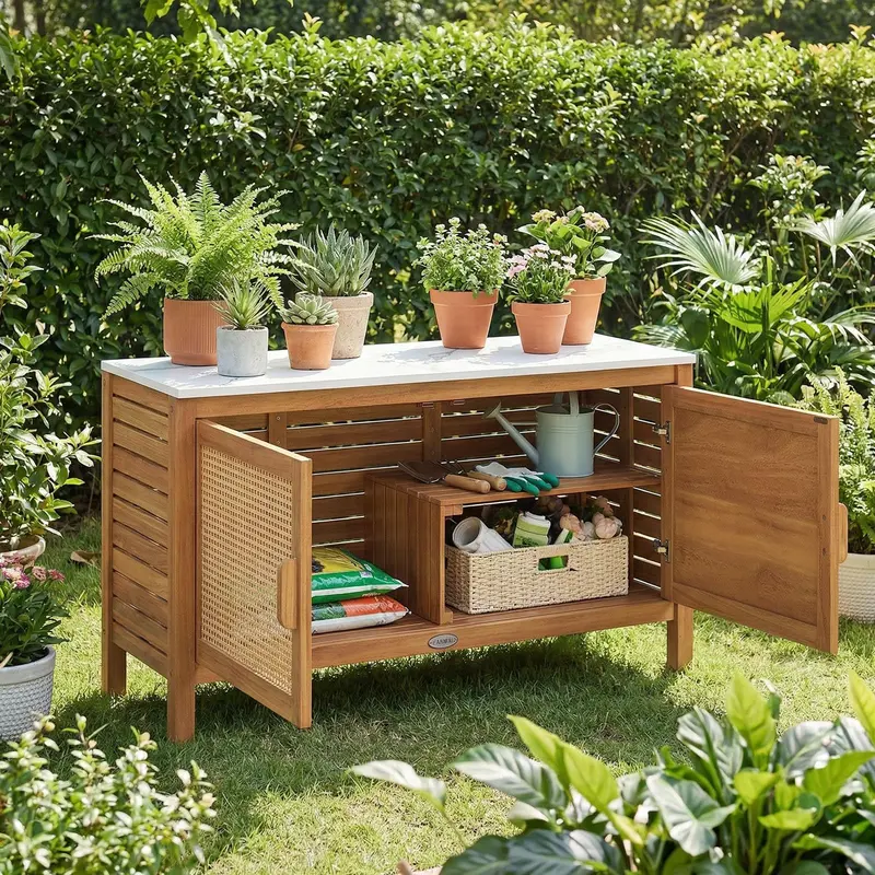 Goplus Outdoor Acacia Wood Tool Cabinet With Faux Marble Countertop And Weather-Resistant Design 1