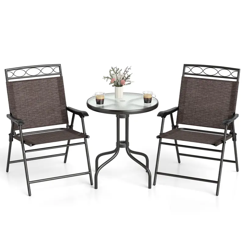 Goplus Outdoor Bistro Set – 2 Chairs + Table With 1.57" Umbrella Hole, Compact Patio Furniture 1