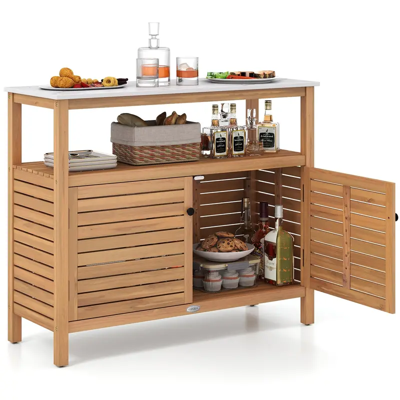 Goplus Potting Bench With Storage Cabinet & Faux Marble Top – Outdoor Gardening Workstation 1