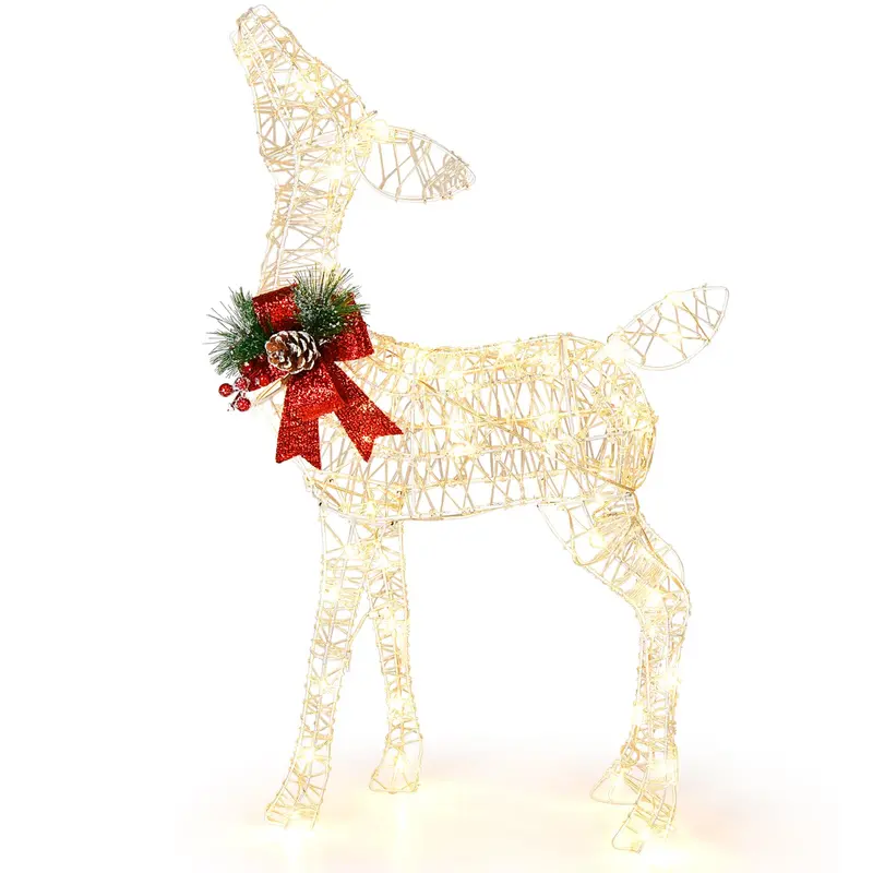Goplus Pre-Lit Christmas Reindeer Decoration – Lighted Baby Deer With 50 Warm White Leds & Festive Red Bow 1