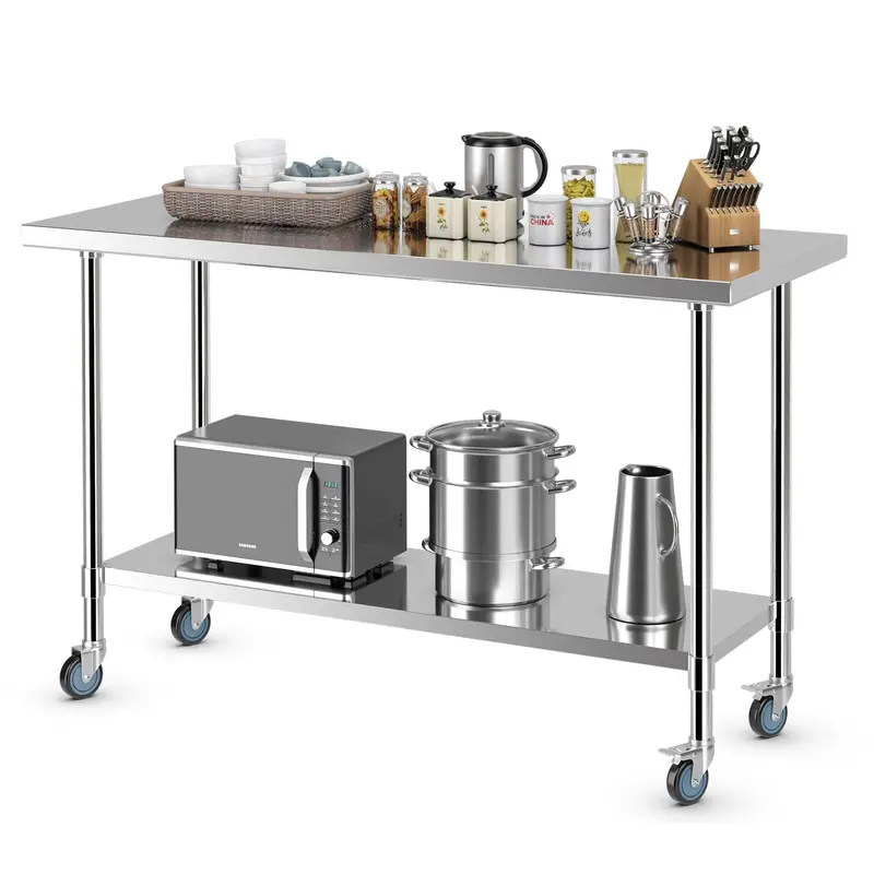 Goplus Stainless Steel Rolling Kitchen Prep Table – 60-Inch Adjustable Workstation With Under-Shelf And Casters 1