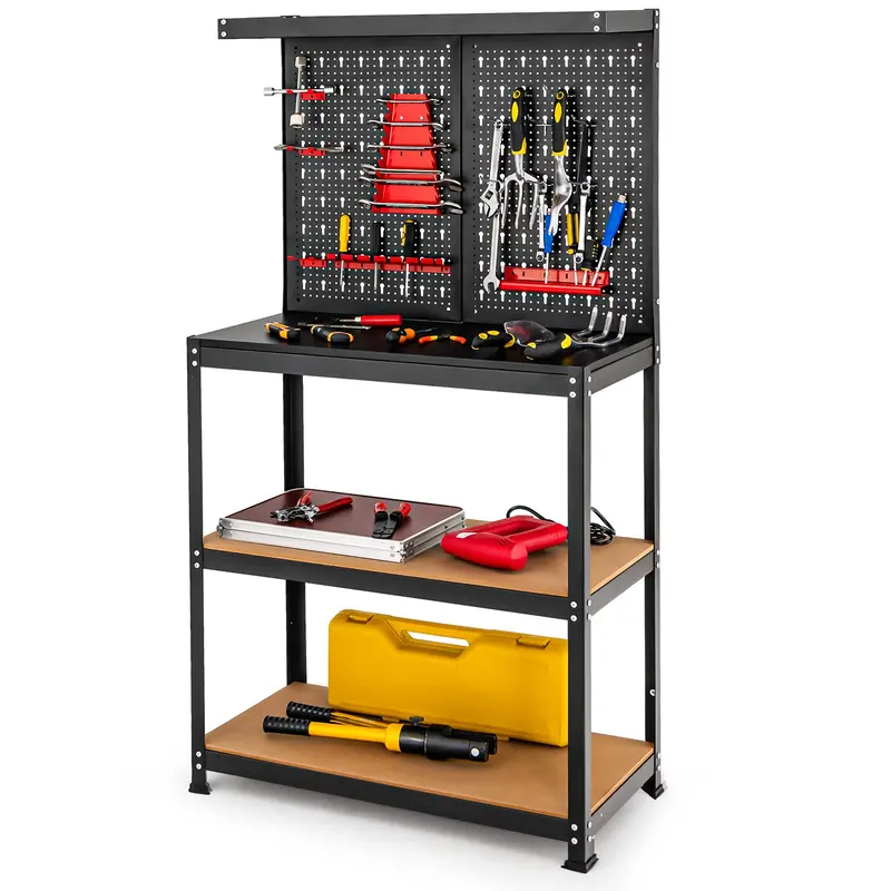 Heavy-Duty Steel Workbench With Pegboard Wall, Dual Open Shelves, And 13 Included Tool Accessories 1