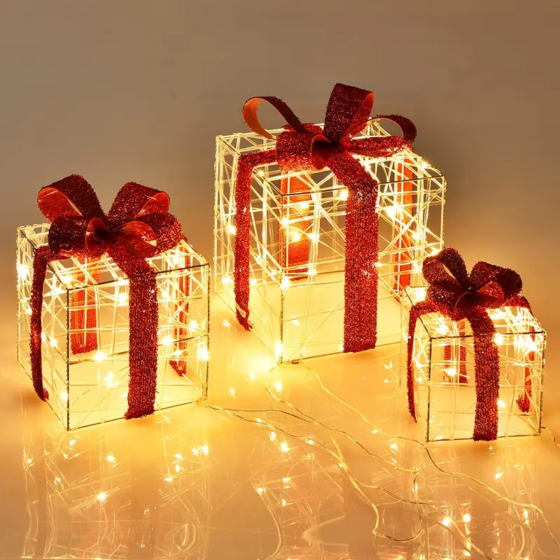 Illuminated Christmas Gift Boxes – Set Of 3 White Led-Lit Decorative Ornament Boxes (60 Lights Total) 1