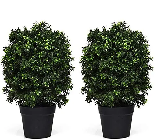Two-Pack Uv-Resistant Boxwood Topiary Balls – Realistic Artificial Plants In Cement-Filled Pots 1